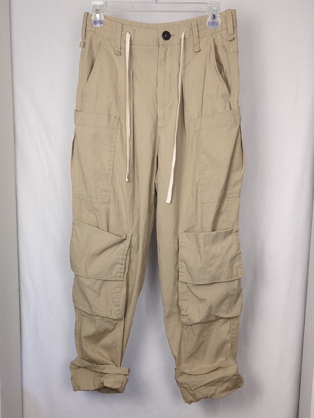 ZARA Women's XS Cotton Linen Blend Beige Baggy Cargo Pants